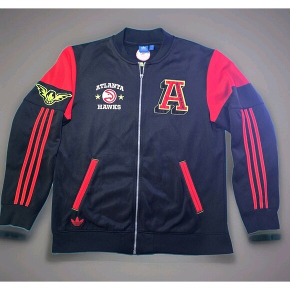 Adidas Atlanta Hawks Track Jacket Mens Sz L Black Red Full Zip NBA Member Style - Picture 1 of 10